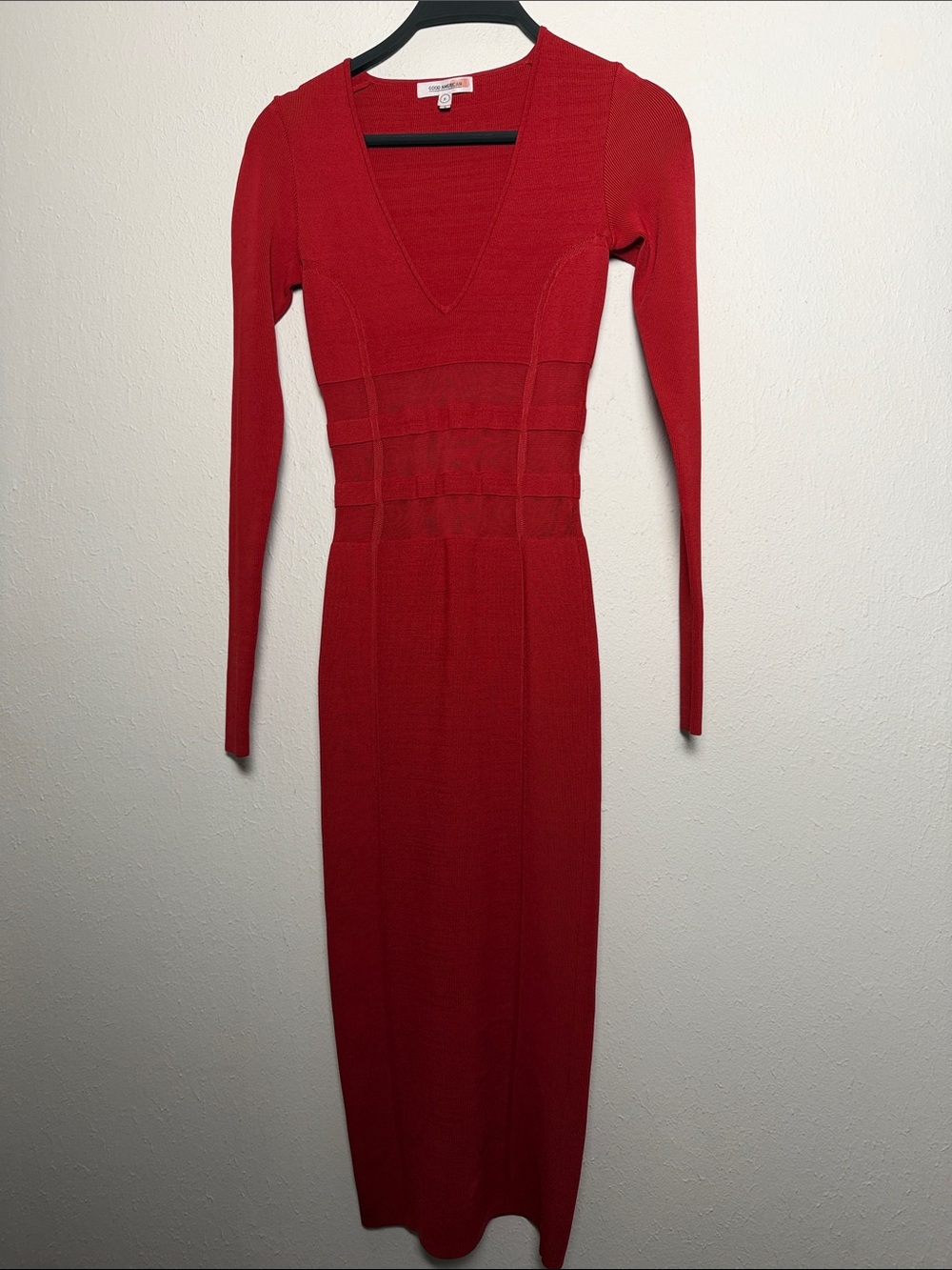 Good American Crimson Red Long Sleeve V-Neck Midi Dress